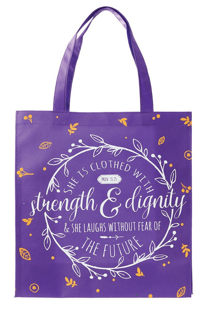 Proverbs 31 25 Strength and Dignity Purple Tote Bag Faith